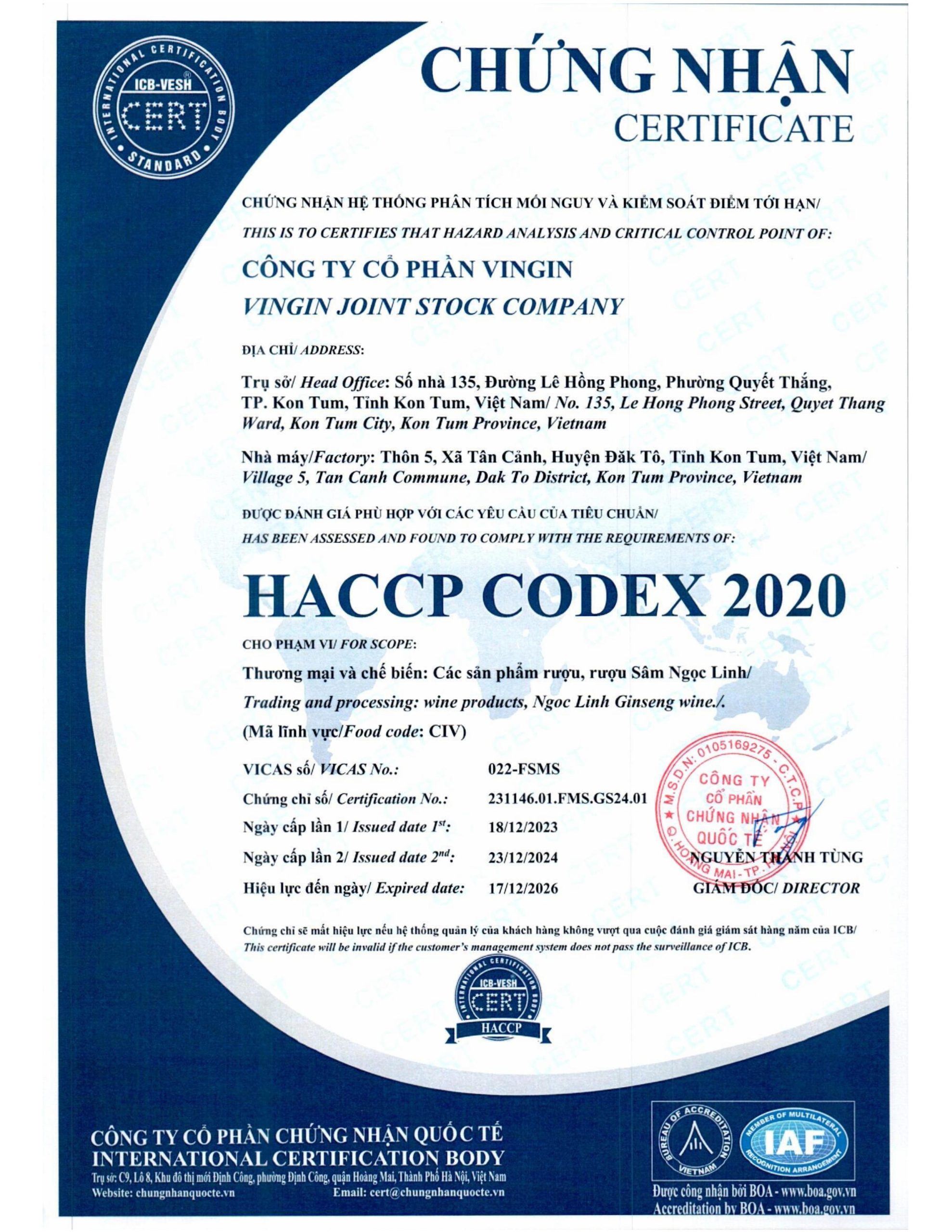 Chứng nhận HACCP CODEX 2020.