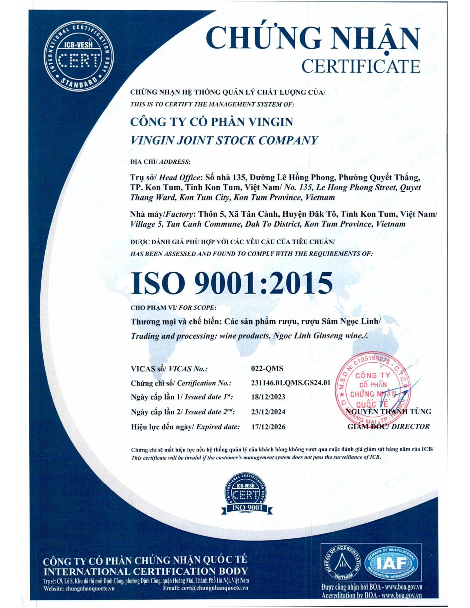 Chứng nhận ISO 9001:2015.